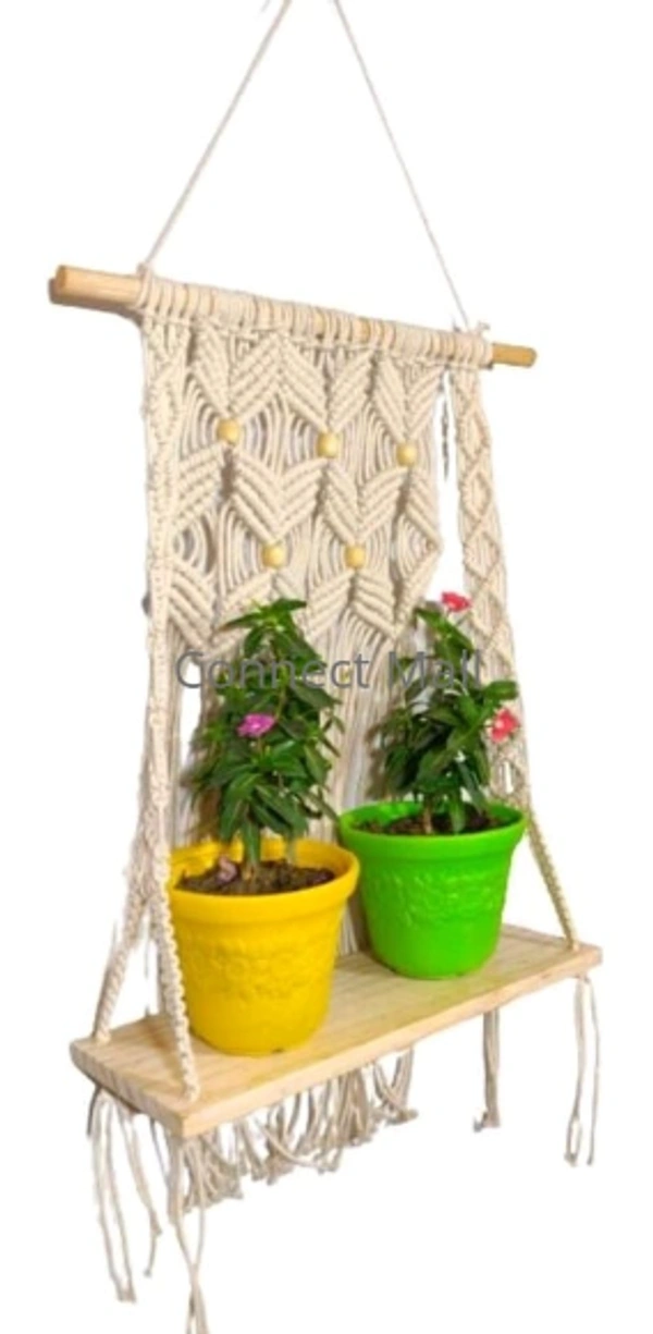 PRIVA ARTS Macrame Cotton Beads Handmade  Single Shelf Plant HangingPlant for Indoor, Living Room, Balcony, Gardening Wall Decor   - Free Size, Handicraft, Pack of 1